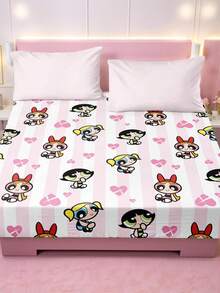 THE POWERPUFF GIRLS X SHEIN 1件条纹可爱卡通印花单人床帽，磨砂材质，柔软保暖，多种尺寸可选，适用于单人床/双人床/大号床/特大号床，可机洗 - 彩色 - 查看 2