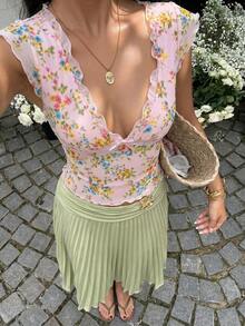 Sunnyshic 女士休闲甜美度假时尚百搭外出派对花卉网纱印花拼接撞色蕾丝边方领短袖修身短款T恤，夏季 - 粉色 - 查看 5