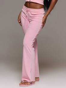 MUSERA Velour Elasticated Low Drawstring Waist Straight Leg Trouser Coord Bottoms Only Cute Everyday Daily Lounge Airport Holidays Vacation Summer Altitude - Pink - View 3