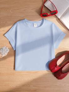 SHEIN Kaos Crop Top Lengan Pendek Kerah Bulat Longgar Warna Polos Kasual untuk Remaja Perempuan - Biru - View 7