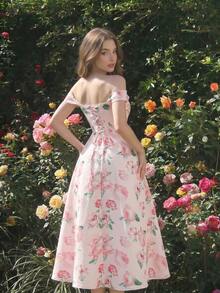 SHEIN MOD Đầm trễ vai in hoa màu hồng dành cho nữ - Hồng - Xem 2
