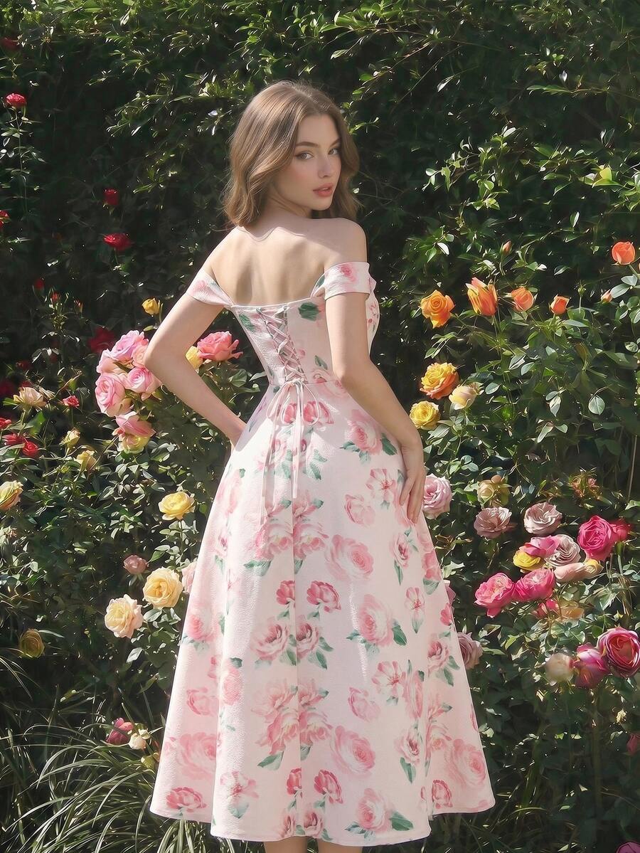 SHEIN MOD Đầm trễ vai in hoa màu hồng dành cho nữ - Hồng - Xem 1