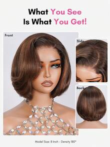 ALL READY WIG Wear Go 无胶鲍勃假发，100% 雷米真人发质，夏季短款鲍勃假发，预造型分层剪裁，4x4 预剪蕾丝，预拔发际线，预漂白，全效假发，180% 密度，4/30# 挑染巧克力棕色头发，优雅别致的女老板造型 - S4/30 - 查看 4