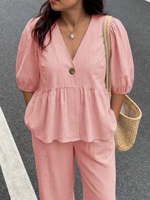 Enliva Plus-Size Women's Ruffled Puff Sleeve Two Pieces Set, V-Neck Cardigan Top And Stretch Waist Trousers Set - Dusty Pink - View 6