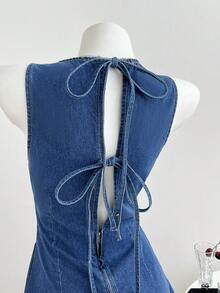 Elamini Đầm denim xanh khoét lỗ thời trang dã ngoại dành cho nữ, cài nút và thắt nơ, thích hợp cho mùa xuân/hè. - Rửa trung bình - Xem 3