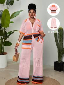 Maweii Bộ đồ 2 mảnh cỡ lớn dành cho nữ, phong cách retro, bohemian, thường ngày, tối giản, thoải mái, phù hợp cho kỳ nghỉ, bãi biển, dã ngoại, gồm áo cardigan dệt kim dáng rộng, cổ ve lật, túi bên hông, tay ngắn, cài cúc, họa tiết sọc nhiều màu sắc, khoét lỗ và quần ống đứng cạp chun. - Nhiều màu - Xem 3