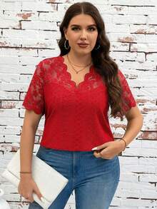 SHEIN Clasi Plus Size Women V-Neck Lace Patchwork Casual Versatile Daily Wear T-Shirt - Red - View 6