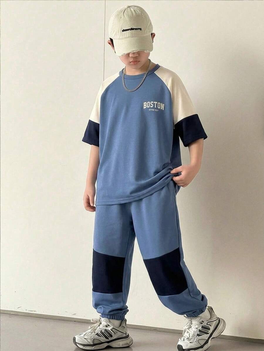 SHEIN 2pcs Tween Boys' Casual Versatile Color Block Round Neck T-Shirt And Pants Set,Suitable For Commuting,School,Daily Wear,Sports,Spring/Summer