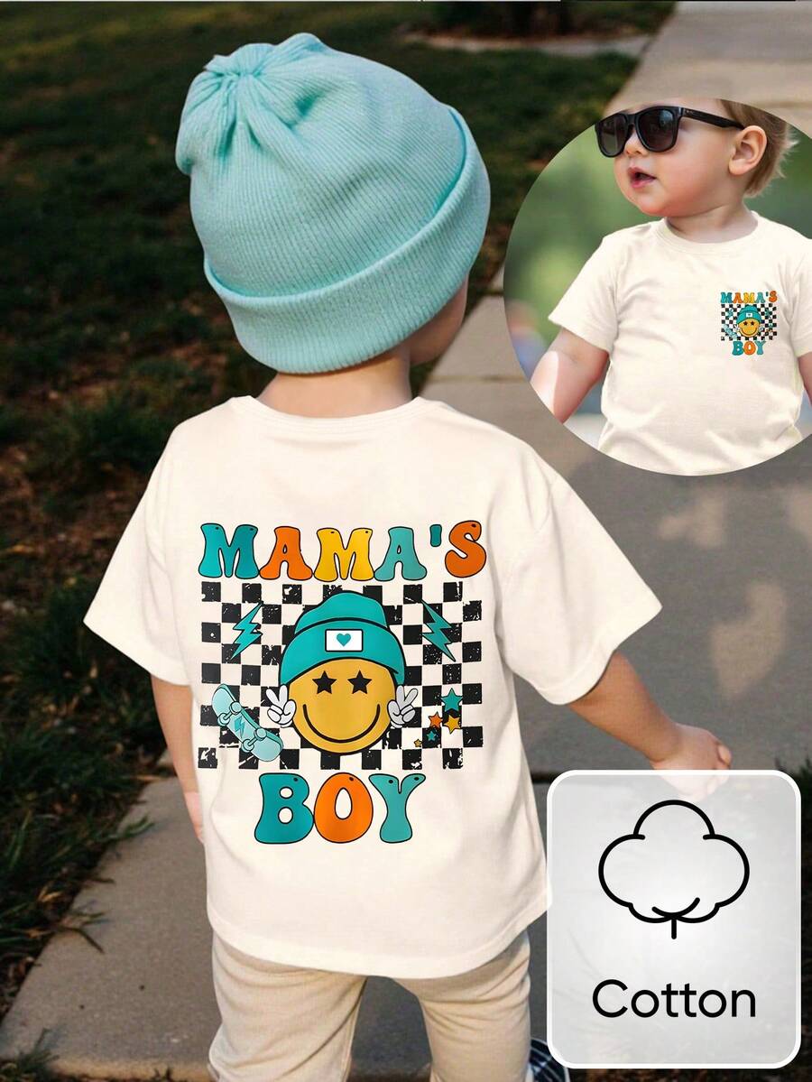 男宝宝休闲可爱棋盘格“MAMA'S BOY”字母印花短袖圆领纯棉T恤,柔软舒适,夏季必备单品 - 杏色 - 查看 1