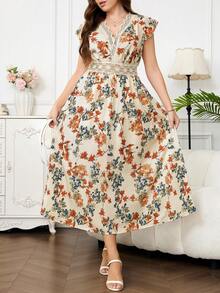 SHEIN Clasi Plus Size Elegant Floral Print Lace Patchwork Dress, Summer - Multicolor - View 5