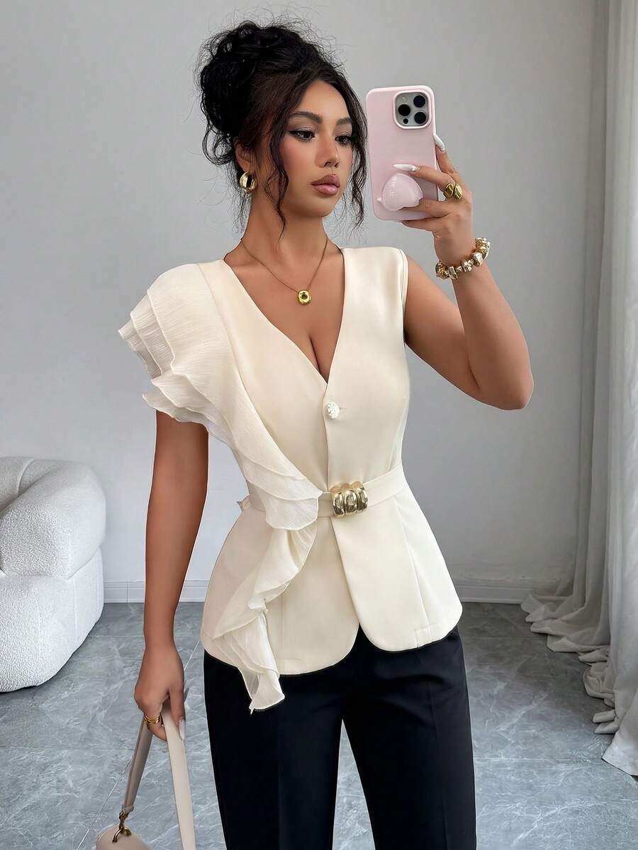 SHEIN Elenzya Áo kiểu thanh lịch có bèo nhún ở eo, thích hợp mặc đi làm hoặc mùa hè. - Màu be - Xem 1