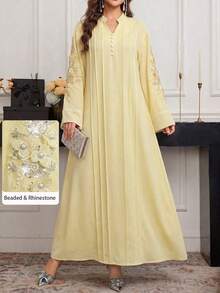Al Najma Beaded Collar Floral Decor Contrast Trim Notched Neck Long Sleeve Dress - Yellow - View 2