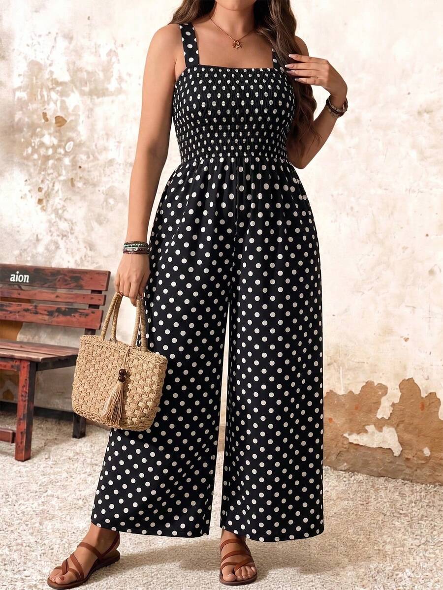 SHEIN LUNE CURVE Bộ áo liền quần xếp ly chấm bi cỡ lớn dành cho nữ, thích hợp mặc hàng ngày. - màu đen - Xem 1
