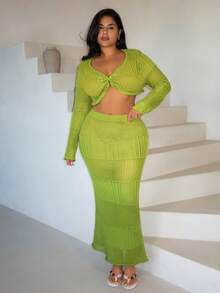 Veslaya Plus Size Women's Avocado Green Knit Set,Long Sleeve Twist Front Crop Top&High Waist Skirt For Sommar,Beach,Vacation,Holiday,Music Festival&Party - Green - View 4