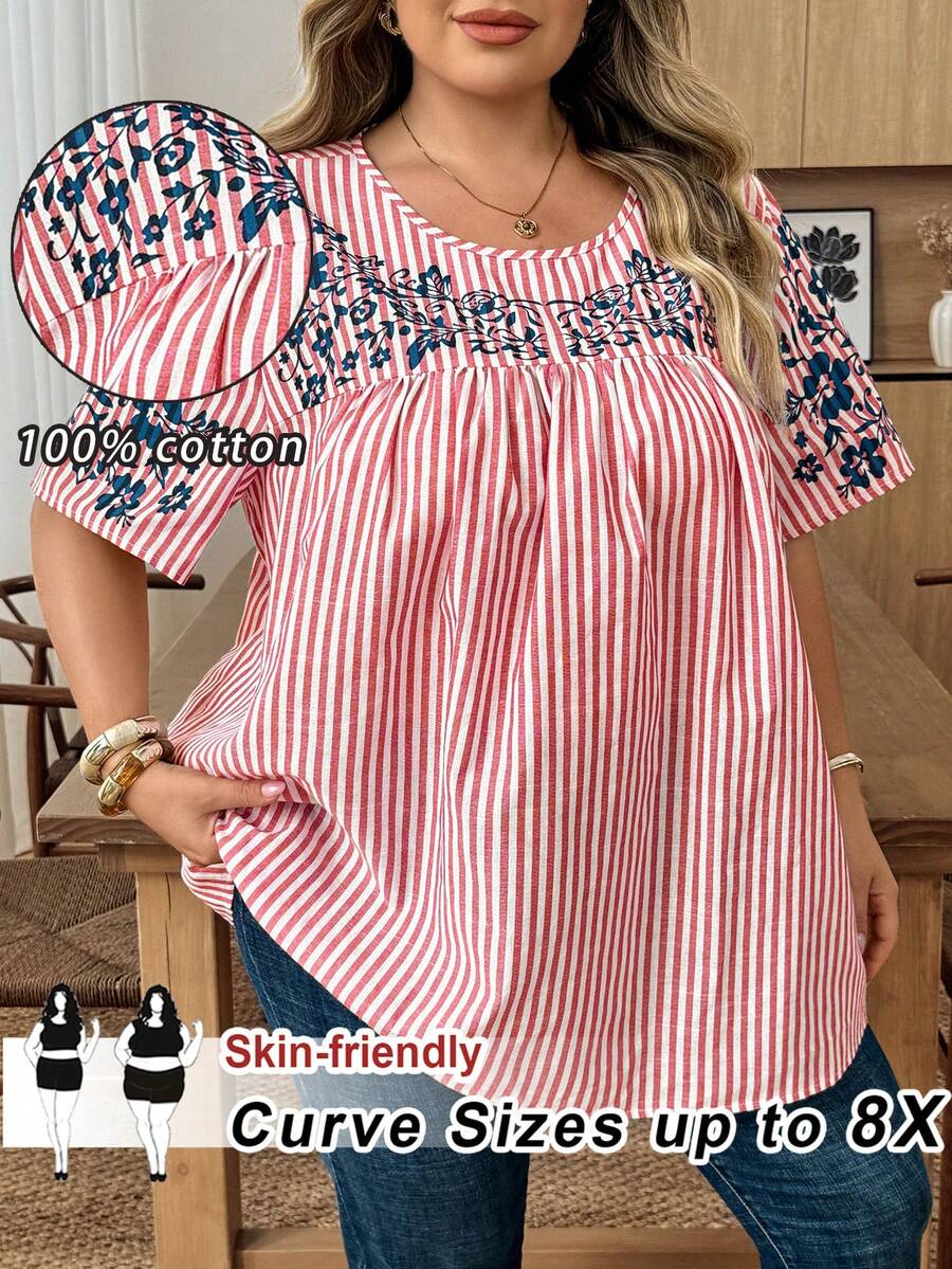 SHEIN CURVE+ Áo kiểu nữ cỡ lớn tay ngắn kẻ sọc in hoa, thích hợp mặc mùa xuân, đi nghỉ mát. - Hồng - Xem 1