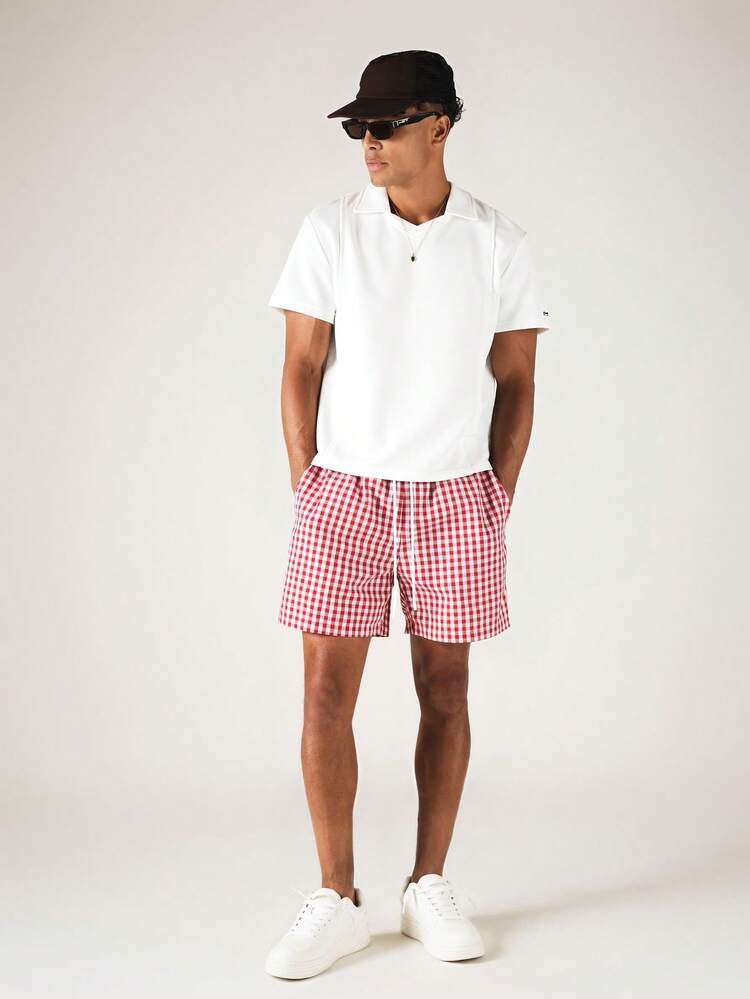 Pull-On Gingham Check Shorts With Back Logo Graphic Print, Drawstring Waist, Summer Holiday