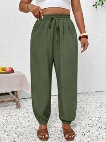 SHEIN Frenchy Plus Size Casual Solid Color Ruched Hem Pants - Green - View 4