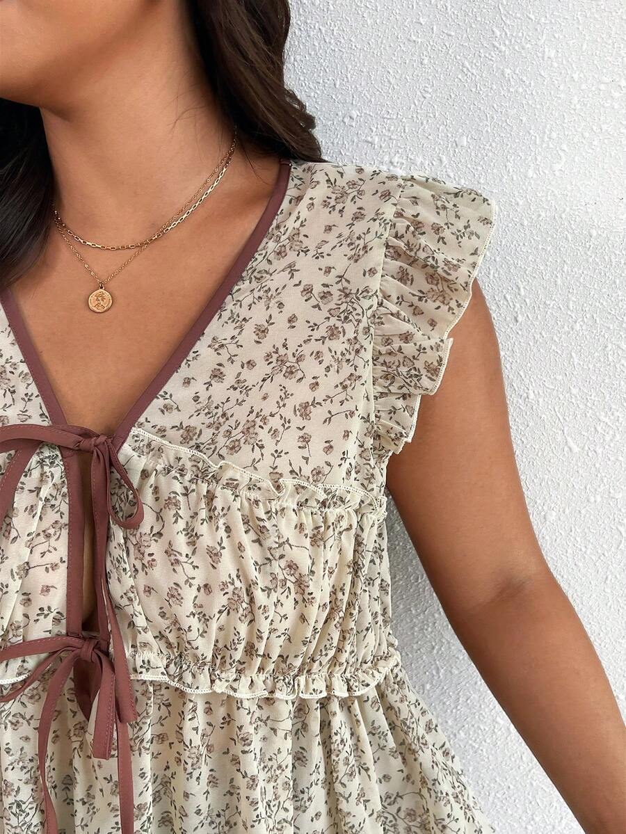 SHEIN Frenchy 大码休闲度假豹纹雪纺短袖系带上衣