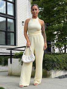 SAYEHFBABY Women's Casual Knit Halter Neck Top And Pants Set, Light Yellow, Summer - Light Yellow - View 1