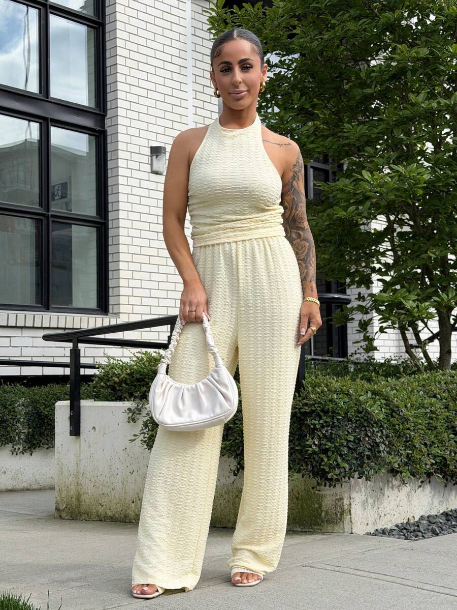 SAYEHFBABY Women's Casual Knit Halter Neck Top And Pants Set, Light Yellow, Summer - Light Yellow - View 1