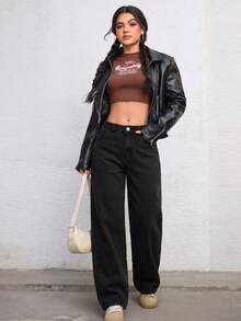 SHEIN ICON Women's Casual Everyday Slant Pocket Wide Leg Jeans - Black - View 5
