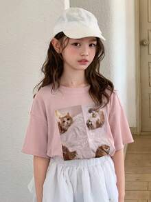 Dazy Kids 少女猫咪印花圆领休闲短袖T恤 - 粉色 - 查看 6
