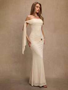 SHEIN BAE Đầm nữ thanh lịch mùa Thu/Đông với dây buộc vai bất đối xứng, dáng ôm đuôi cá, trang trí khóa kim loại, thích hợp cho tiệc cocktail, hẹn hò lãng mạn, mặc nhiều lớp, dự tiệc, Halloween, Giáng sinh. - Màu be - Xem 3