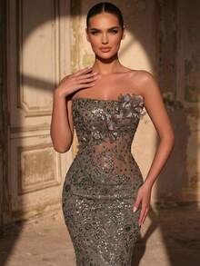 Glamrae Elegant Luxurious Beaded Sequin Embroidered 3D Floral Strapless Mermaid Dress Heavy Embellishment Gown For Weddings Rehearsal Dinner Parties Galas - Light Yellow - View 1