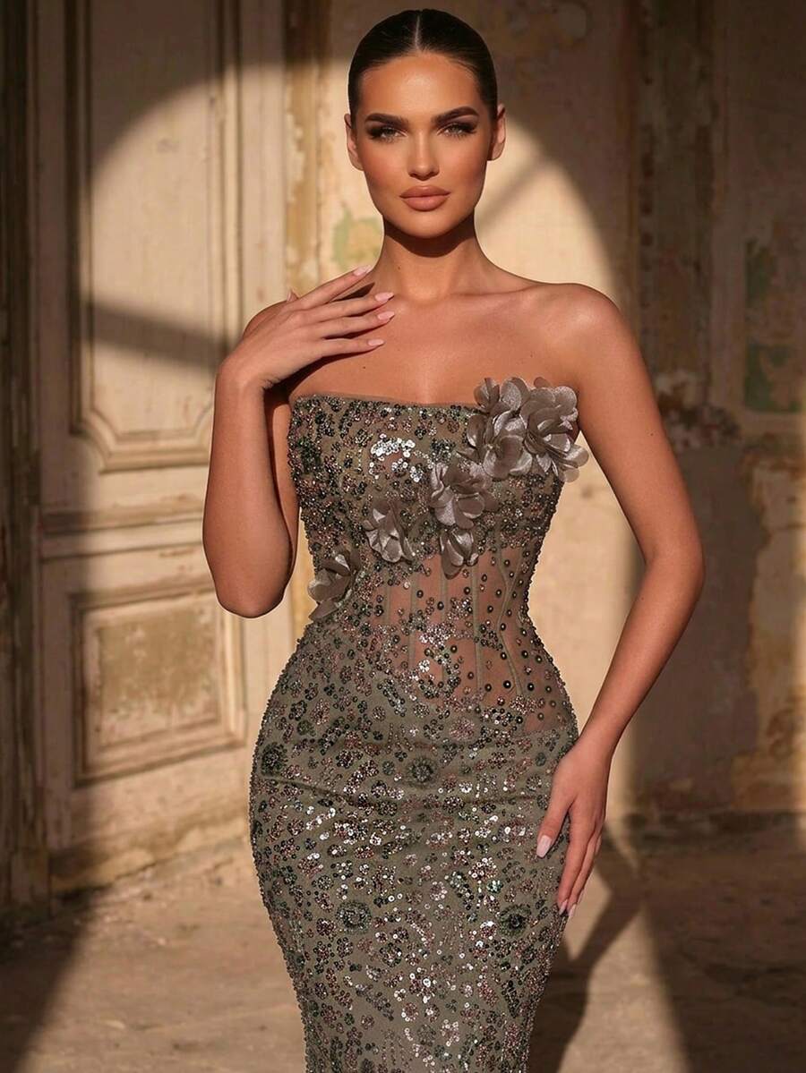 Glamrae Elegant Luxurious Beaded Sequin Embroidered 3D Floral Strapless Mermaid Dress Heavy Embellishment Gown For Weddings Rehearsal Dinner Parties Galas - Light Yellow - View 1