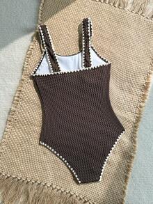 SHEIN Tween Girl Color Block One-Piece Swimsuit, Suitable For Beach Vacation, Pool Party, Beach Party - Brown - View 2