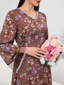 Al Najma Đầm nữ in hoa cổ chữ V tay loe kiểu Ả Rập - màu nâu - Xem 6