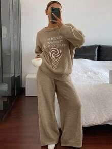 DAZY Setelan Piyama Longgar 2 Potong Bahan Rajut Setengah Fleece Motif Es Krim untuk Wanita - Coklat - View 6