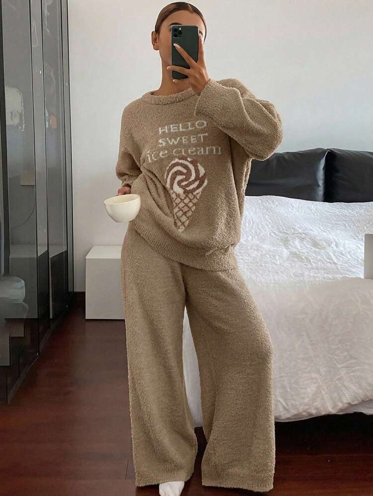 Ice Cream Print Half Fleece Knit Loose 2 Pieces Pajama Set For Women