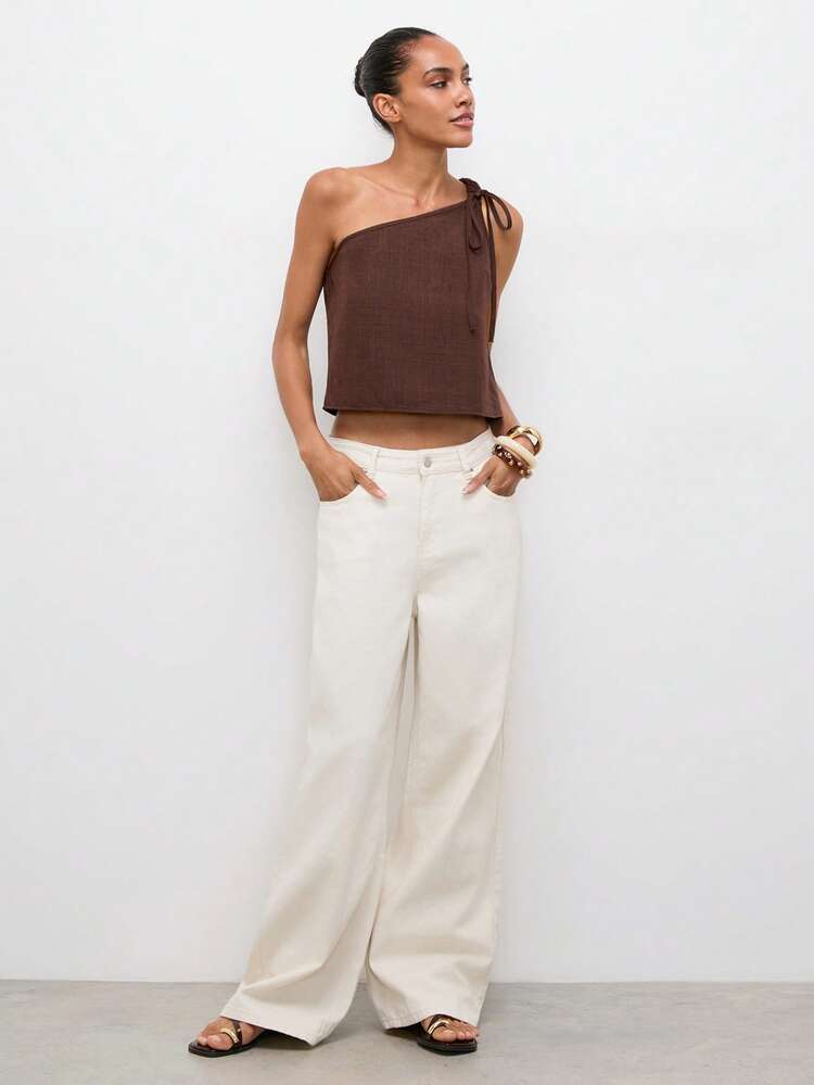 SHEIN Maija Women's Chic Coffee Brown Asymmetric Collar Sleeveless Casual Top,Summmer Beach Outfit,Brunch Outfits,Solid Color Holiday Blouse Clothes