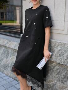 Lacomfia Women's Black Summer Elegant Tea Party Dress,Boat Neck Bubble Bead & Lace Trim Knit Mid-Length Casual Dress,Pearl Pin New Arrival Goth Style Dress - Black - View 10