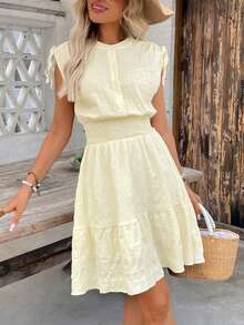 SHEIN Holidaya French Relaxed Texture Vacation Maxi Dress - Summer Drawstring Waist Slimming A-Line Dress - Light Yellow - View 4