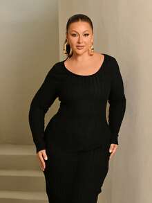 Lele Munniz Vestido ajustado de punto acanalado liso elegante talla grande - Negro - Ver 5
