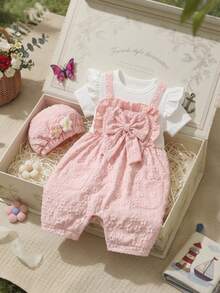 SHEIN Playful Pals Bộ đồ liền thân và mũ tay bèo nhún thêu hoa 3D dễ thương cho bé gái, thích hợp cho mùa hè. - Màu Hồng baby - Xem 9