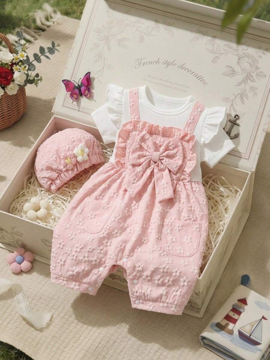 SHEIN Bộ đồ liền thân và mũ tay bèo nhún thêu hoa 3D dễ thương cho bé gái, thích hợp cho mùa hè.