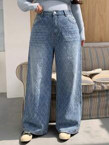 Dazy Plus Jeans de pierna ancha y larga de talla grande con efecto lavado y desgastado - Azul lavado medio - Ver 4