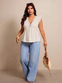 Elaquor Plus Size Women Summer Casual Vacation Solid Color V-Neck Contrast Lace Ruffle Armhole Fold Pleated Babydoll Top - White - View 4