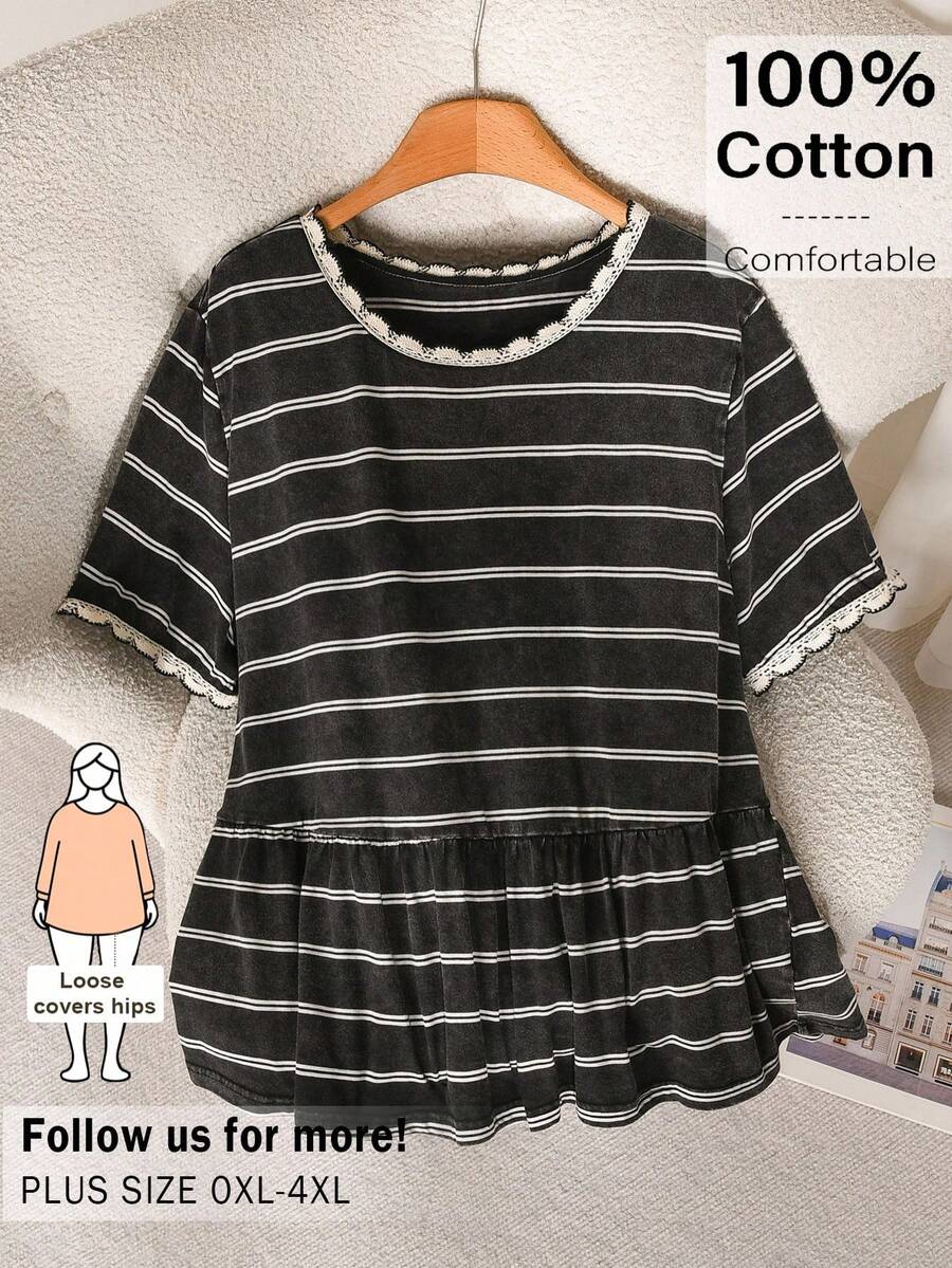 CosyJoli 大码女式休闲条纹上衣，黑色水洗雪花图案上衣，夏季休闲服饰，荷叶边装饰上衣，户外服饰，黑色街头风短袖T恤