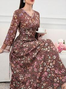 Al Najma Đầm nữ in hoa cổ chữ V tay loe kiểu Ả Rập - màu nâu - Xem 5
