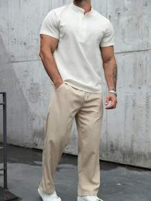 Manfinity Homme Conjunto de camisa y pantalones de ajuste holgado minimalista con medio botón para hombre, de verano, atuendo cómodo - Multicolor - Ver 3