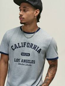 ÉpureWay Standard Size Men's Floral Grey Patchwork Navy Cuff T-Shirt, Casual College Letter Graphic, Versatile Daily Wear - Multicolor - View 3