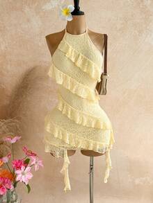 Soleia Women's Fashion Versatile Lace Ribbon Ruffle Hem Halter Neck Tie Dress,Dresses For Women Summer - Khaki - View 8