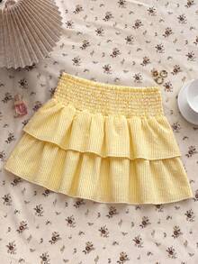 SHEIN Chân váy xếp ly kẻ sọc cho bé gái tuổi teen, kiểu dáng thường ngày, đa năng, thích hợp cho hẹn hò và đi chơi. - Màu vàng - Xem 6