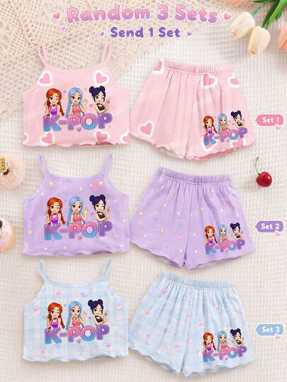 Cream Pink, K-POP Cartoon Girl Graphic, , Young Girls Casual Minimalist Camisole Top And Shorts Pajama Set, Suitable For Spring/Summer