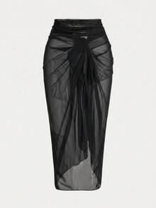 Slaydiva Plus Size Women's Wrap Skirt One-Piece Style Vacation Chiffon Beach Cover Up - Black - View 7