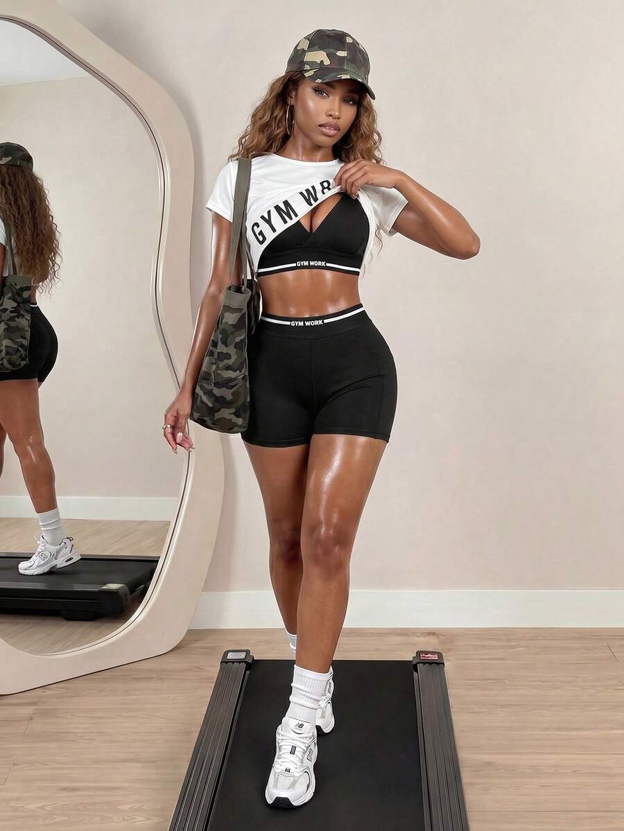 BamGleam Women Round Neck Short Sleeve Letter Printed Top + Spaghetti Strap Crisscross Back Striped Patchwork Bra And Shorts, 3pcs Slim Fit Casual Sports Set Workout Women Setwomen Workout Set Gym Women Outfit - Black and White - View 1